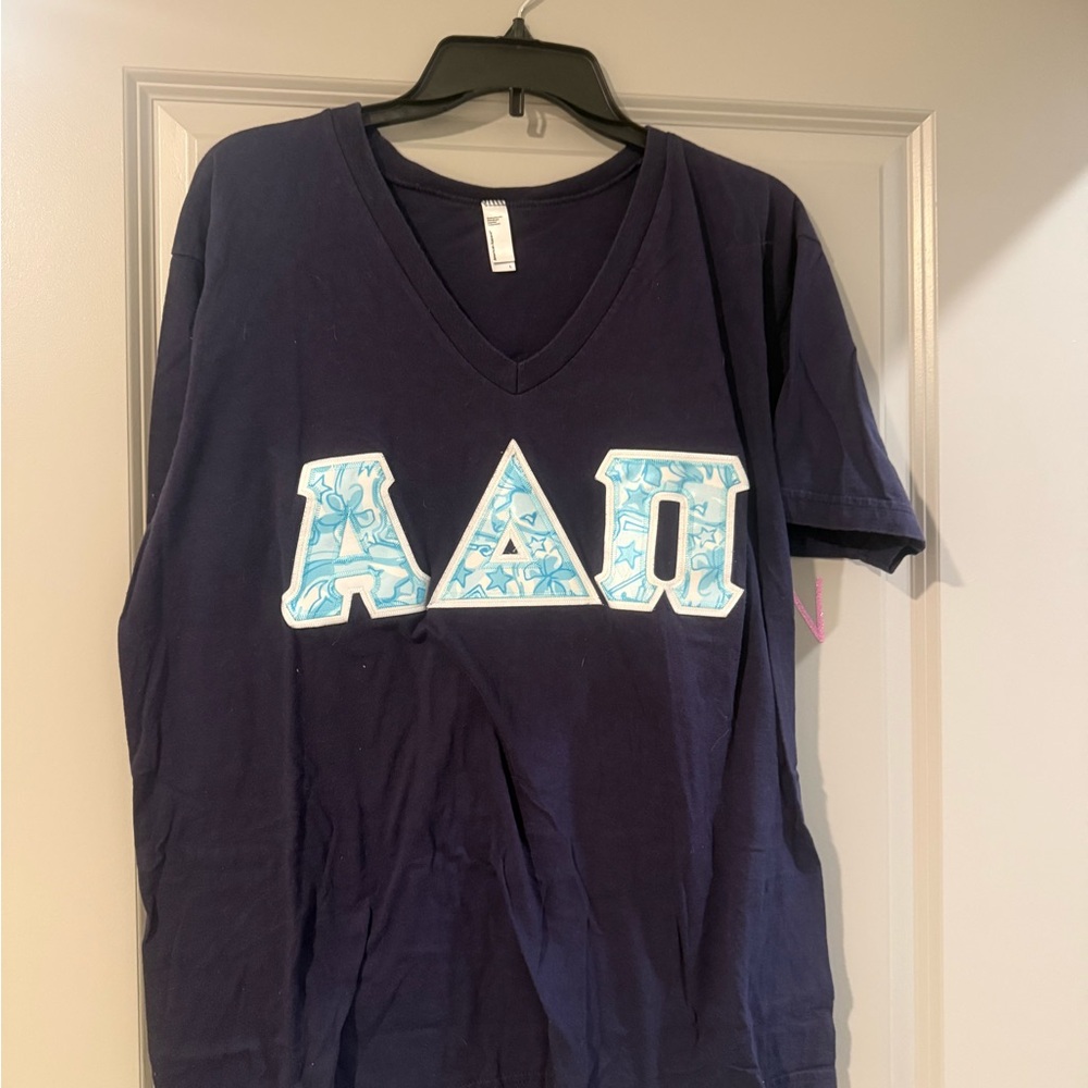 Alpha Delta Pi lettered Dark Blue V-Neck T-Shirt
